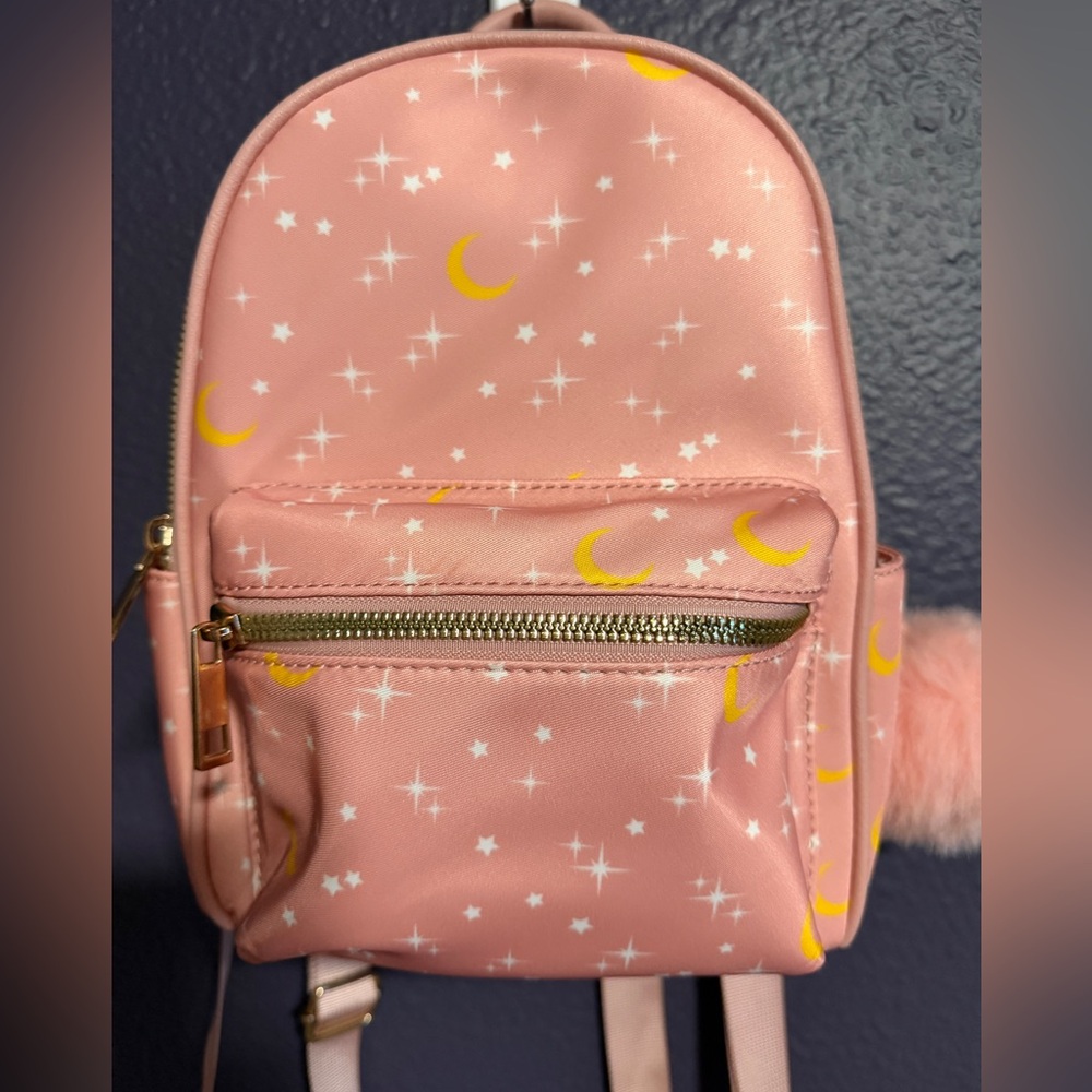 Moon and Stars Pink Celestial Print Backpack with Puff Ball Charm